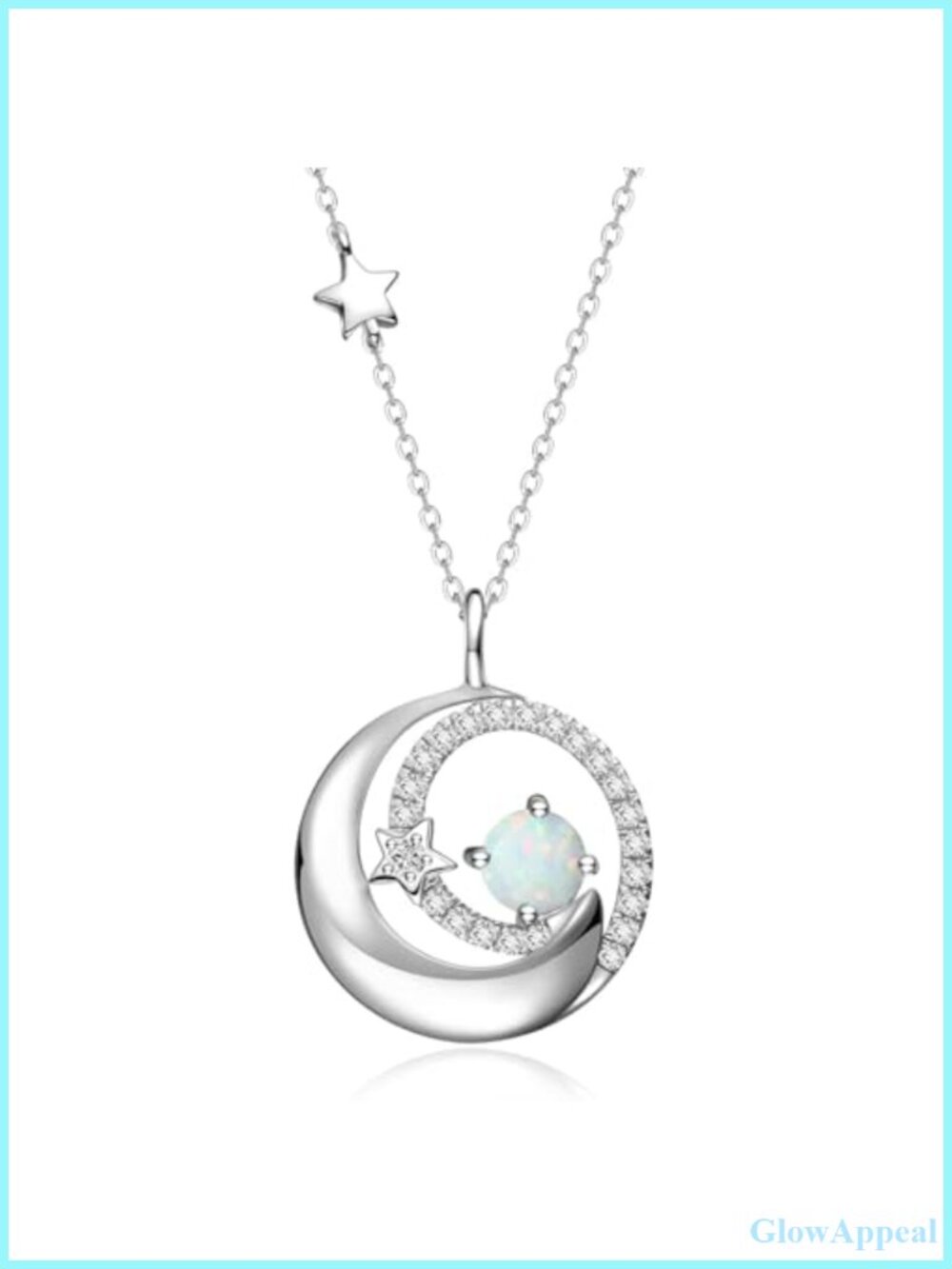 Moon & Star Pendant Necklace 925 Sterling Silver White Gold Plated Opal October